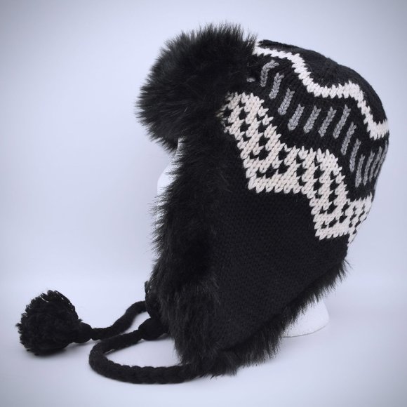 H&M Fair Isle Knit Trapper Faux Fur Hat Black Ear Flaps Pom Pom Tie Winter OS - Picture 3 of 7